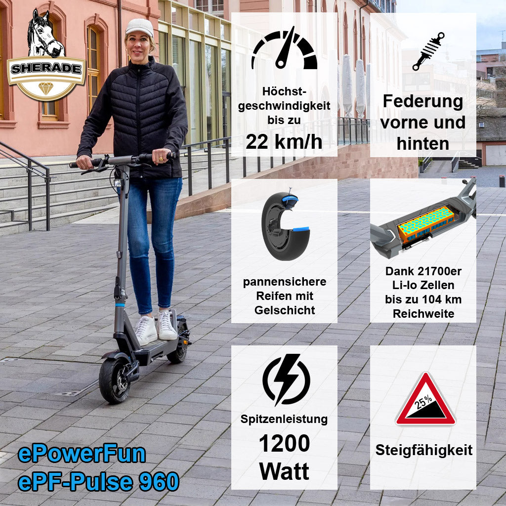 ePowerFun ePF-Pulse 960 - 104 km Reichweite - Wegfahrsperre NFC Chip - e-Scooter